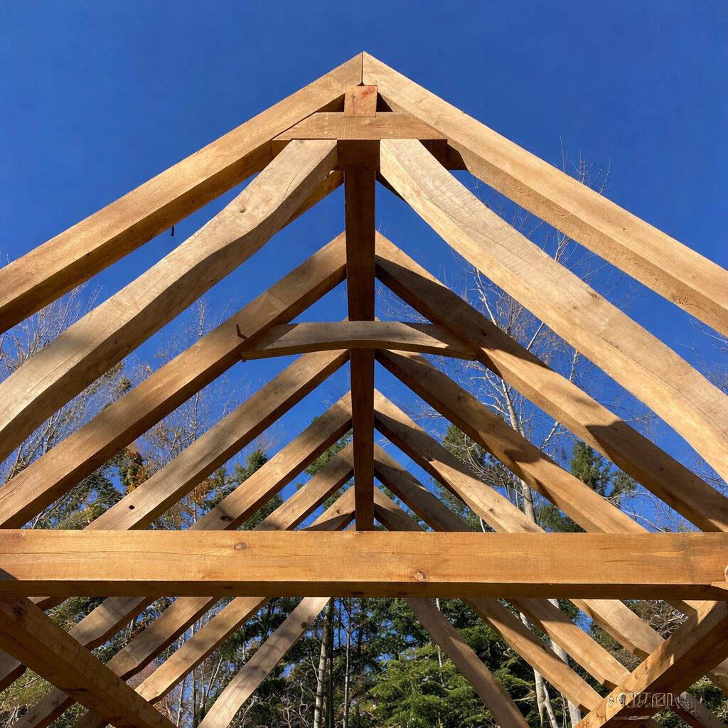 mortise and tenon joinery detail of curved timber truss for a vermont cabin
