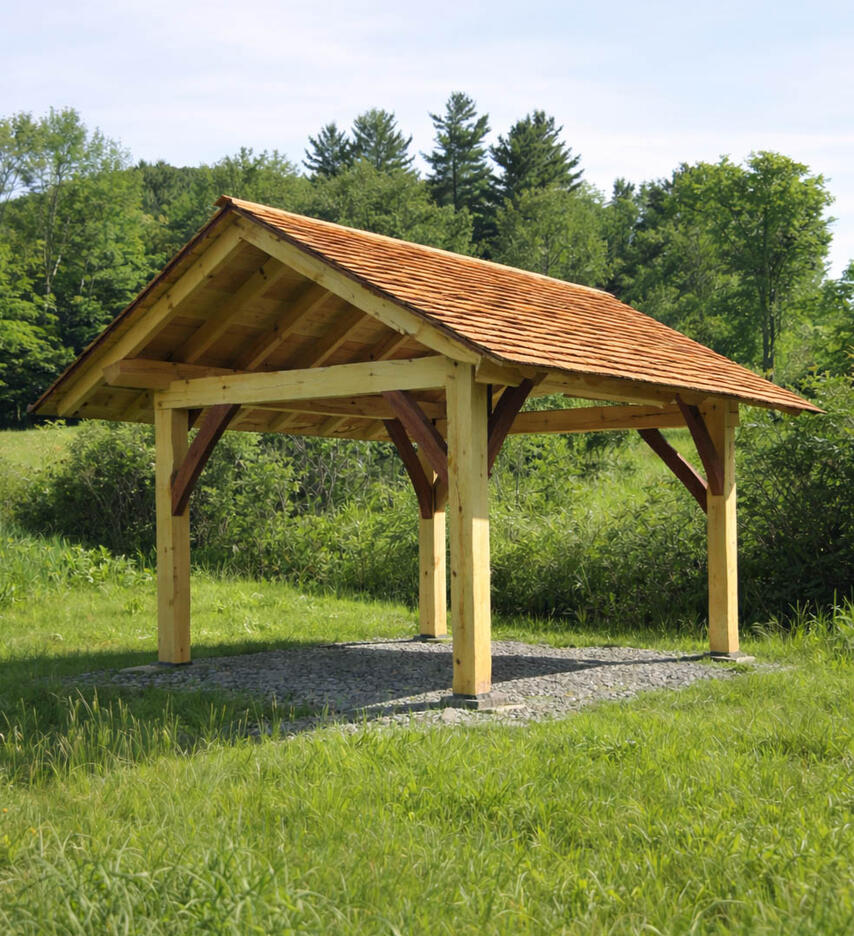Timber Frame Pavillion Custom timber frame pavilion on vermont farm that includes local natural curved braces and wooden roof